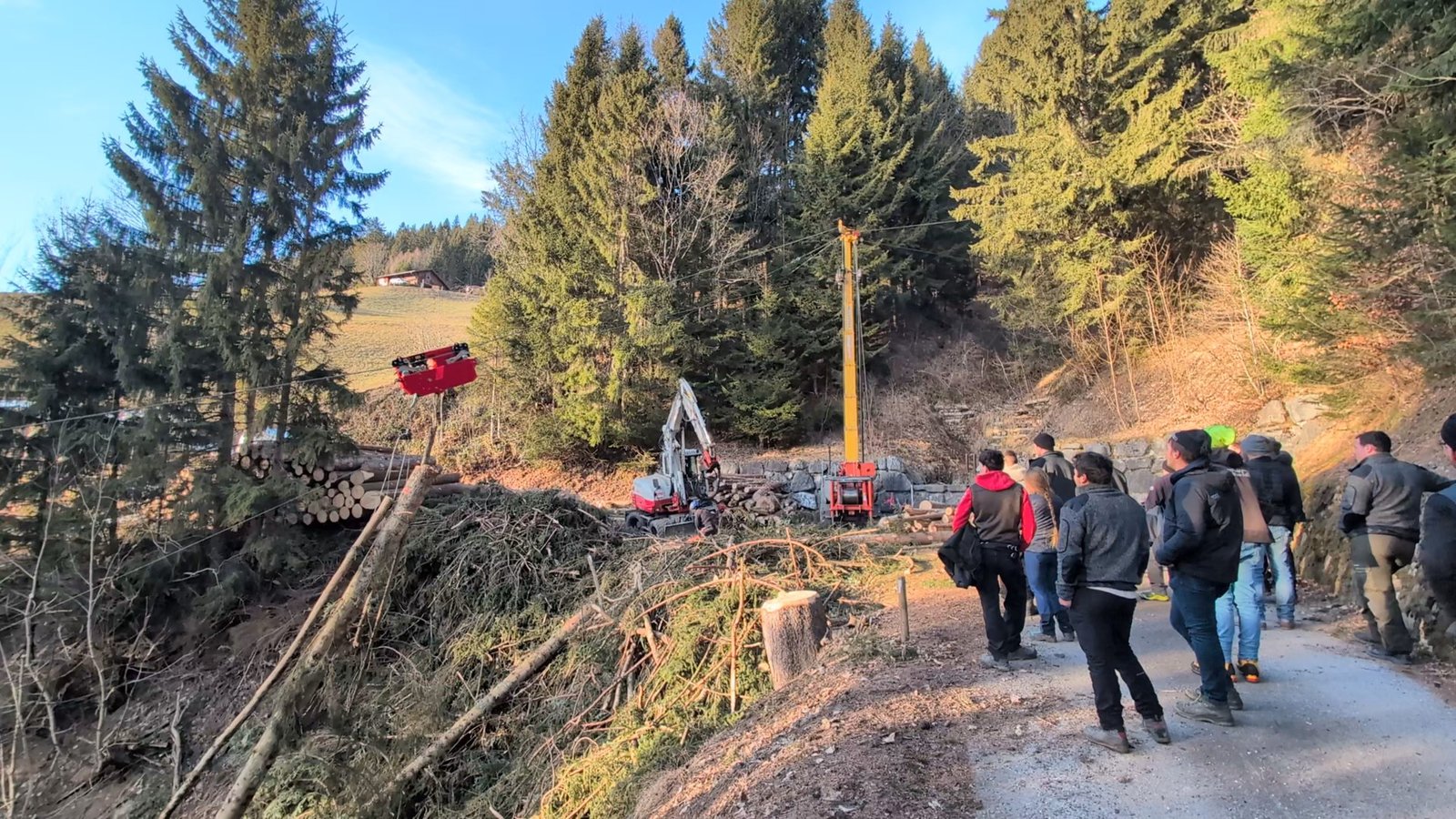 Bild: In einem Weiterbildungsmodul wurde den Holzbaugesellen:innen die Waldbewirtschaftung anhand einer aufwendige Seilkranbringung erklärt (Foto LK/Ölz).